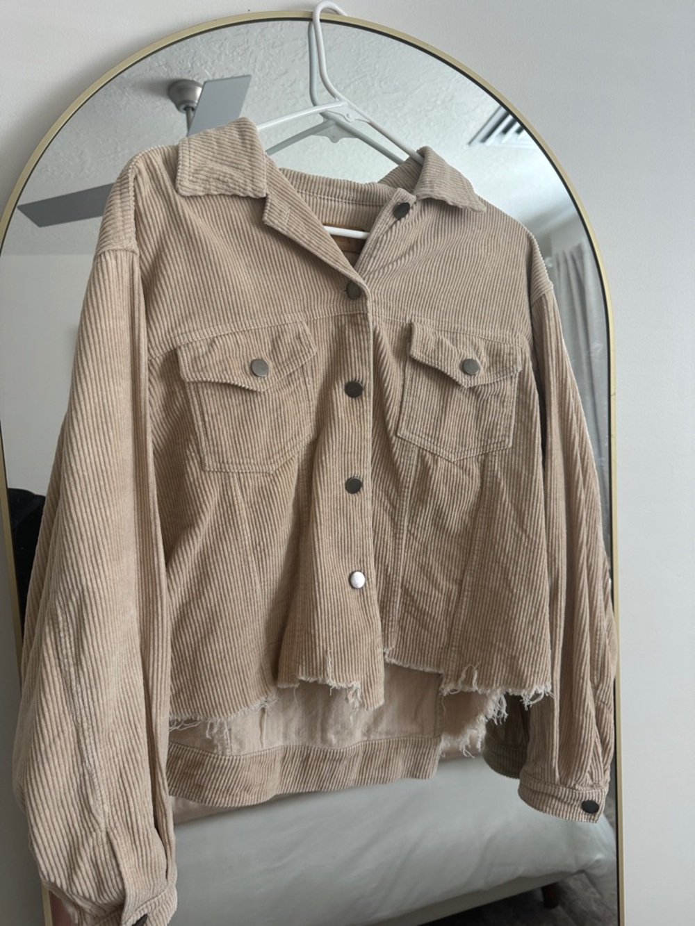 POL Beige Corduroy Jean Jacket with Raw Hem